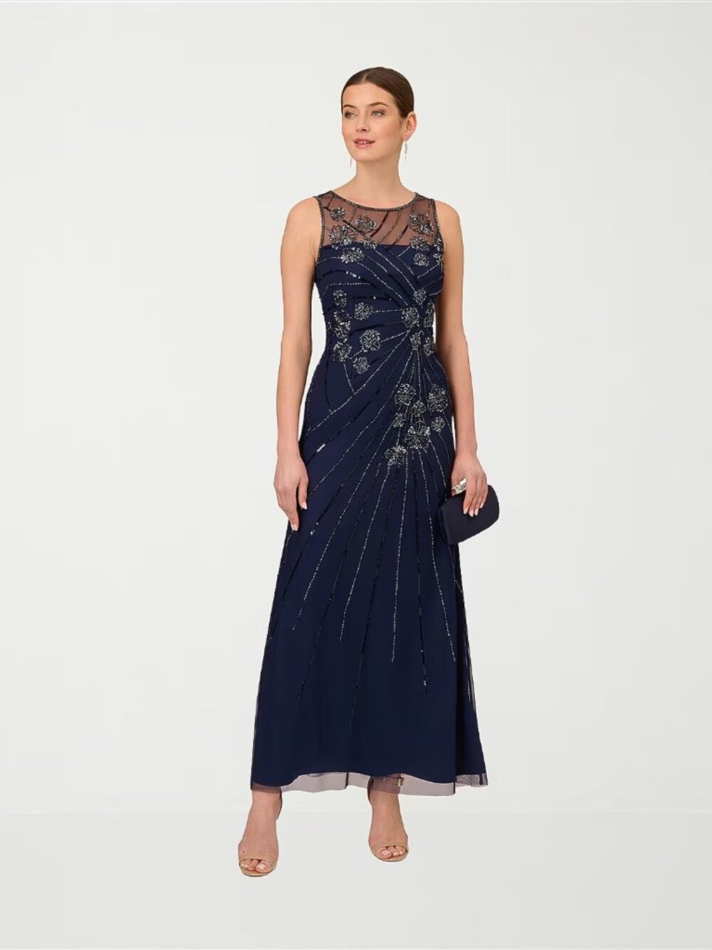 NWT Papell Boutique Womens US 10, 16 Light Navy Sleeveless Evening Gown Crew Nec